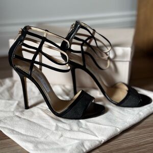 Jimmy Choo Tolka Black Leather Strappy Cage Stiletto Heels 37.5